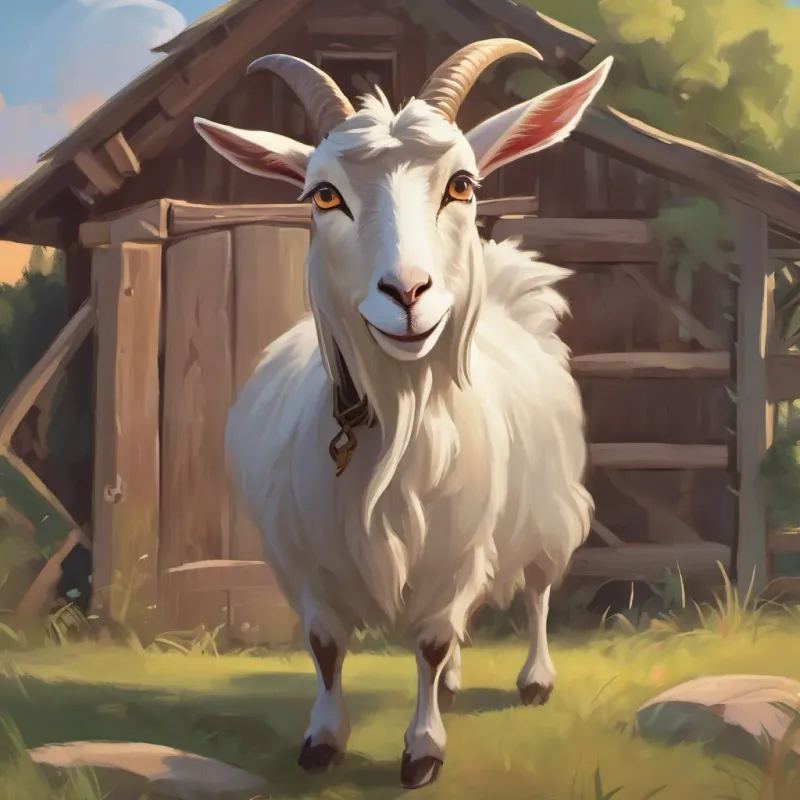 Jealous A grumpy goat with mischievous eyes and a devious grin the goat, with a sly grin and devious eyes, sneaking toward the barn.