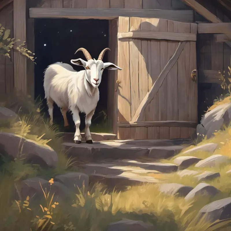 A grumpy goat with mischievous eyes and a devious grin the goat sneaking into the dark barn with shadows and soft moonlight filtering in.