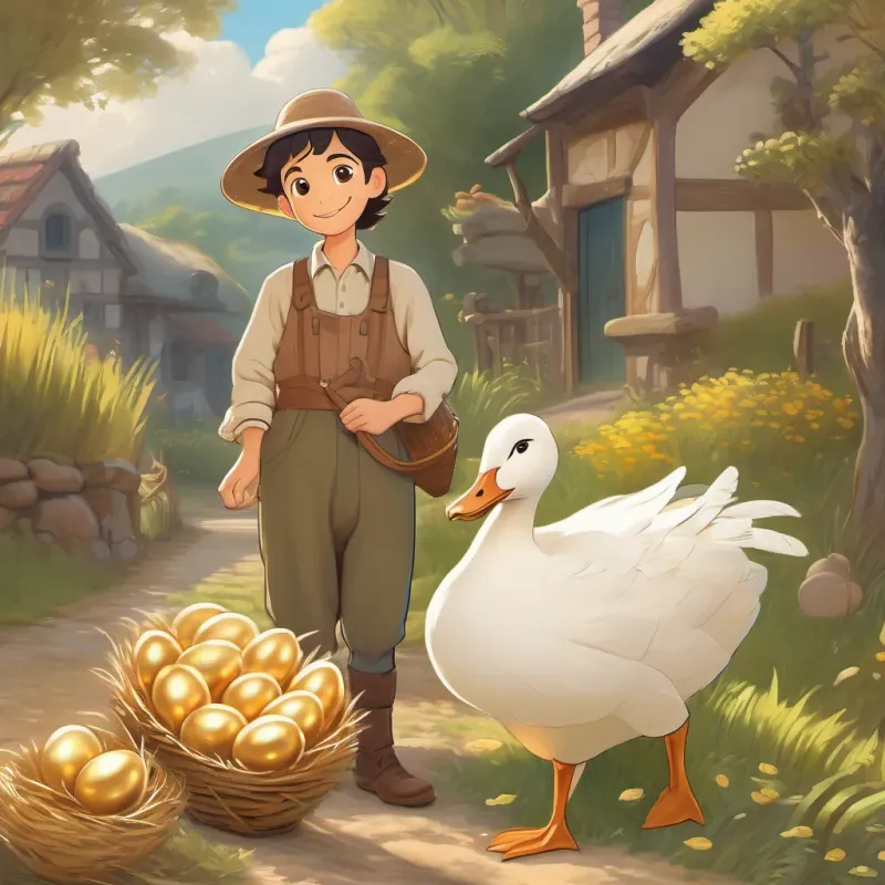 The farmer standing protectively in front of A whimsical, clever goose with shining feathers and a friendly smile, holding the golden egg high.