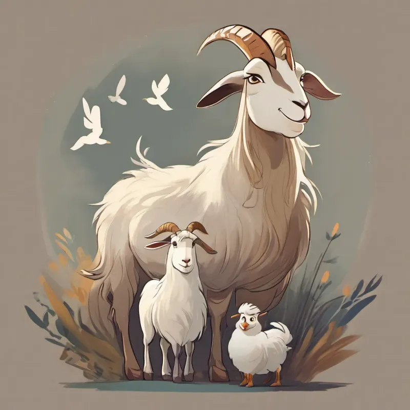 A grumpy goat with mischievous eyes and a devious grin the goat looking regretful, with A whimsical, clever goose with shining feathers and a friendly smile the goose nodding forgivingly.