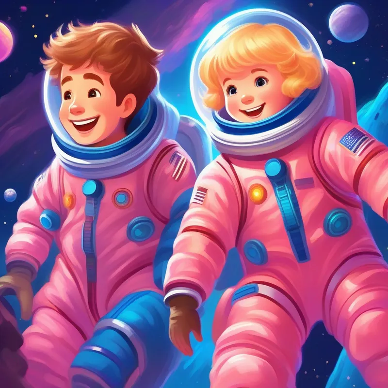Happy girl with brown hair and a pink spacesuit and Smiling boy with blond hair and a blue spacesuit in their spacesuits, spaceship taking off