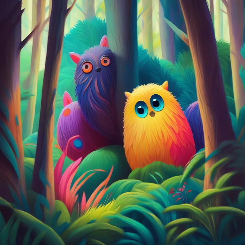 Colorful creatures with big eyes and soft fur hiding behind trees