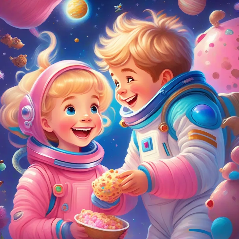 Happy girl with brown hair and a pink spacesuit and Smiling boy with blond hair and a blue spacesuit sharing treats with giggling creatures