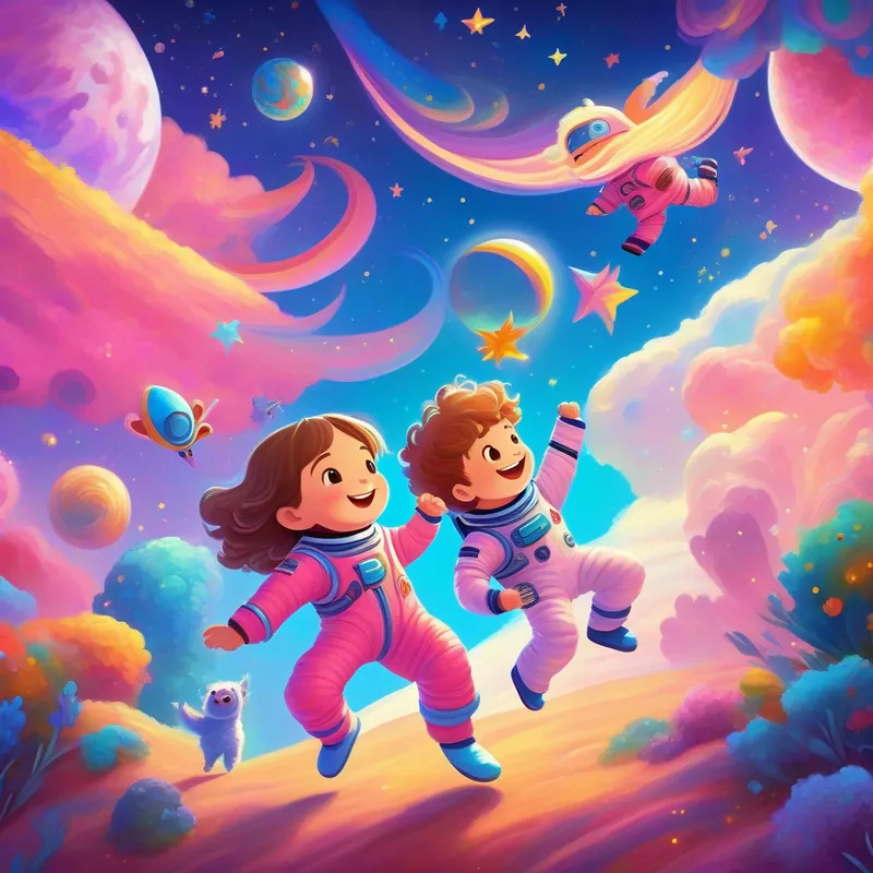 Happy girl with brown hair and a pink spacesuit, Smiling boy with blond hair and a blue spacesuit, and colorful creatures dancing under a colorful sky