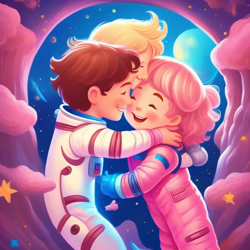 Happy girl with brown hair and a pink spacesuit and Smiling boy with blond hair and a blue spacesuit hugging the creatures goodbye