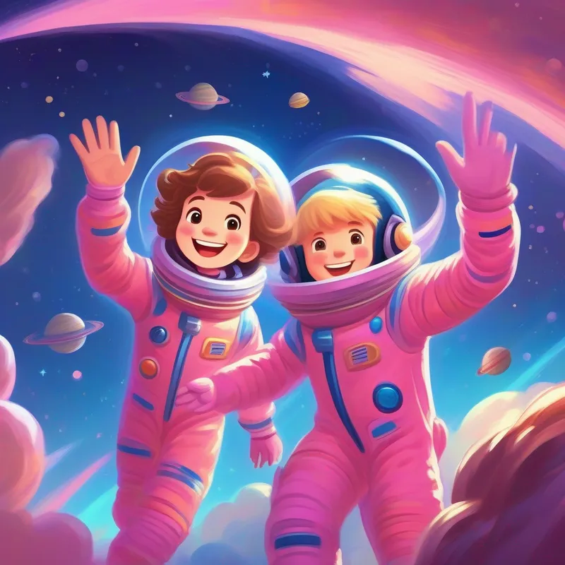 Happy girl with brown hair and a pink spacesuit and Smiling boy with blond hair and a blue spacesuit waving goodbye, spaceship taking off