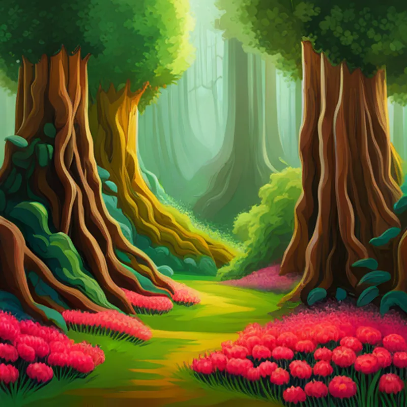 Un bosque mágico con árboles de ojos peculiares y flores melódicas
