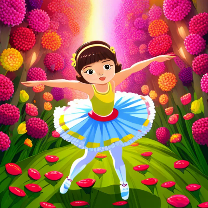 La Pequeña criatura bailarina con alas coloridas y brillantes. saltando y girando al compás de las flores