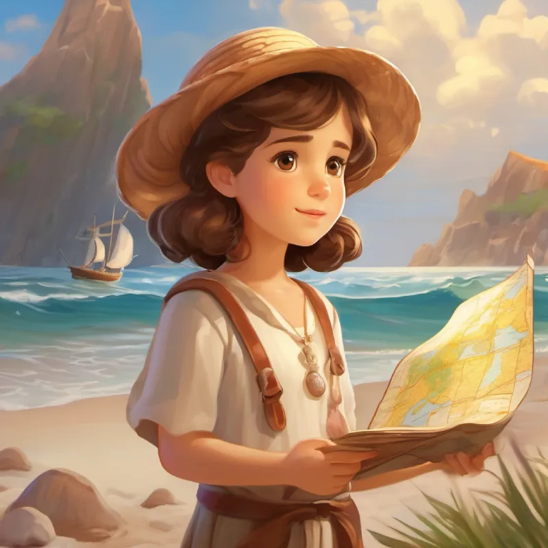 Introduction of Young girl, kind eyes, brown hair, wears a seashell necklace and discovery of the map, on the beach