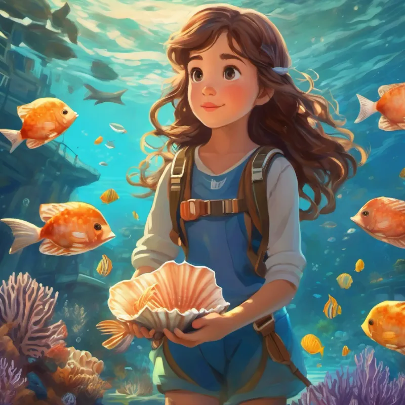 Young girl, kind eyes, brown hair, wears a seashell necklace's first dive, encountering fish and corals, near underwater city entrance