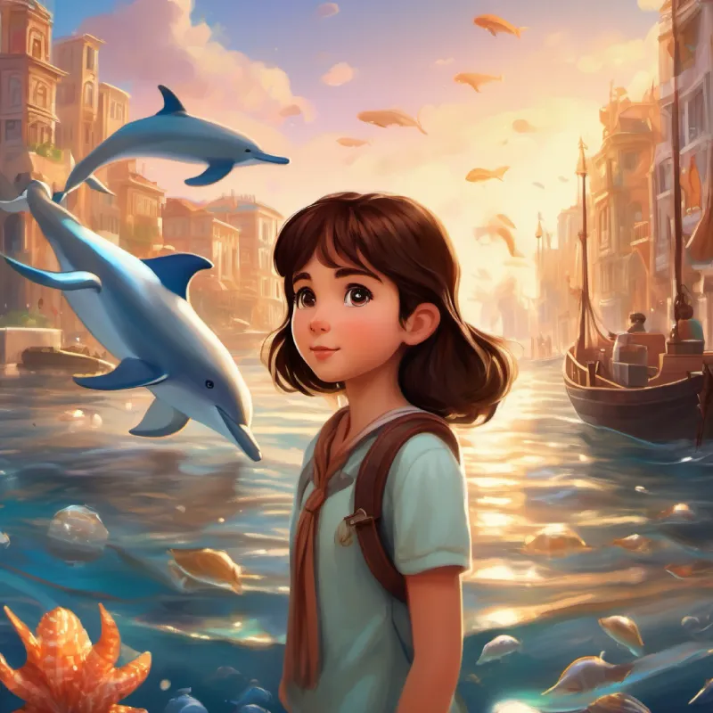 Young girl, kind eyes, brown hair, wears a seashell necklace exploring the city, meeting sea creatures, riding dolphin