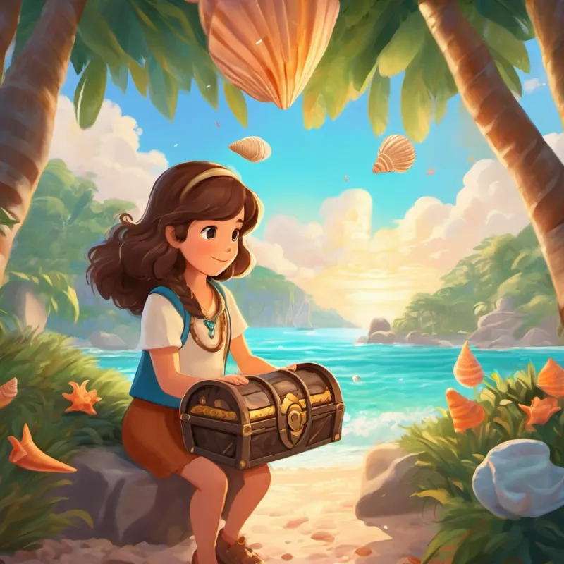 Young girl, kind eyes, brown hair, wears a seashell necklace finding treasure chest, using necklace as key, at coral park
