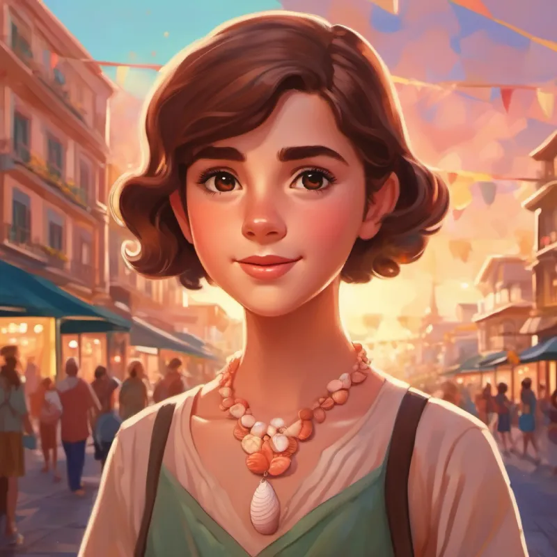 Young girl, kind eyes, brown hair, wears a seashell necklace deciding to decorate the city, being celebrated, in coral park