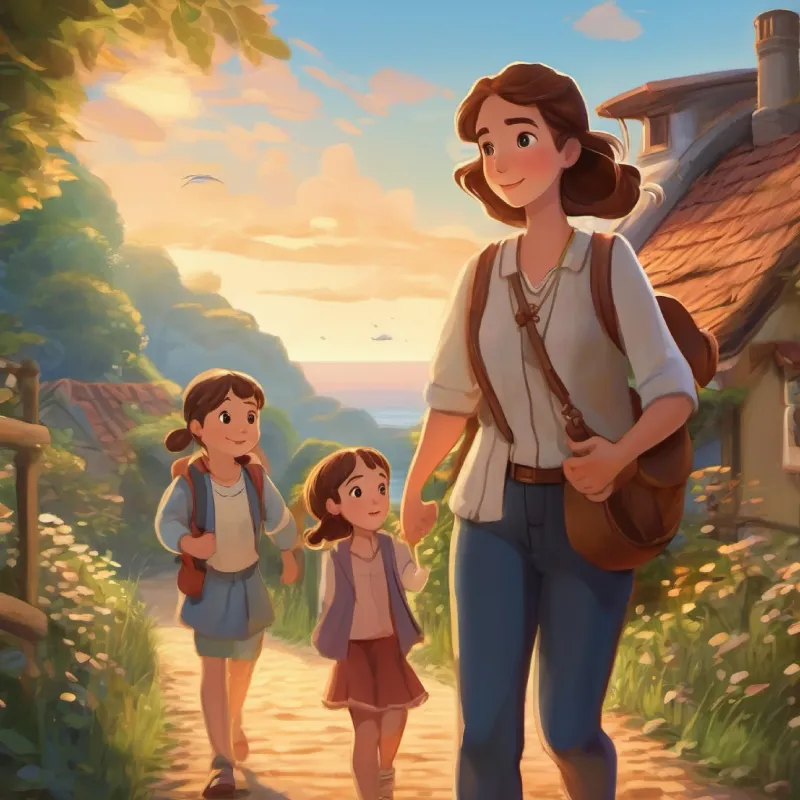 Young girl, kind eyes, brown hair, wears a seashell necklace returning home, storytelling with grandpa, at home