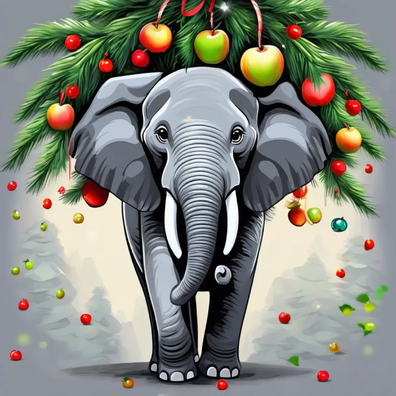 Elefante grande, piel gris, ojos brillantes y alegres encontrando un árbol lleno de manzanas.