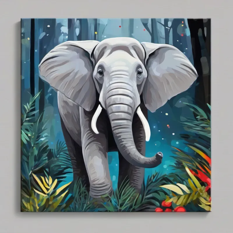 Elefante grande, piel gris, ojos brillantes y alegres aventurándose sanamente por la selva.