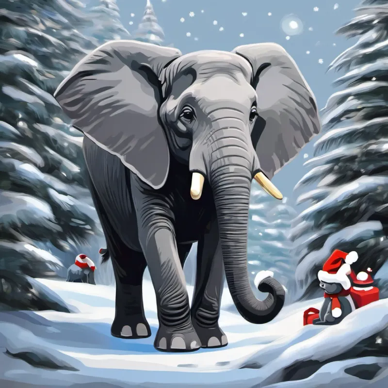 Elefante grande, piel gris, ojos brillantes y alegres con el estómago lleno, sintiéndose pesado.