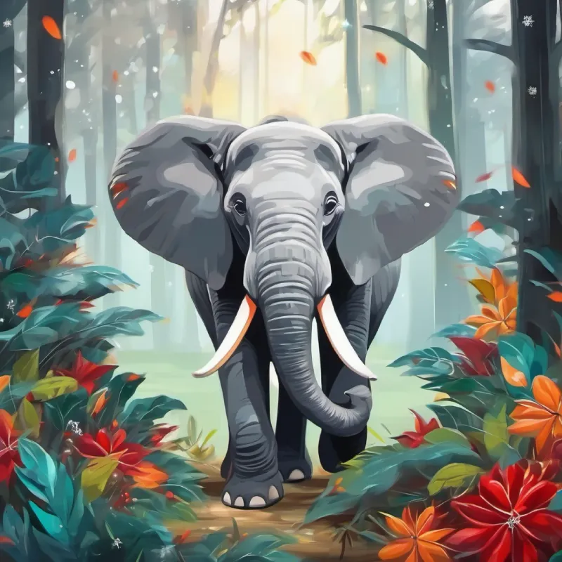 Elefante grande, piel gris, ojos brillantes y alegres saltando por la selva.