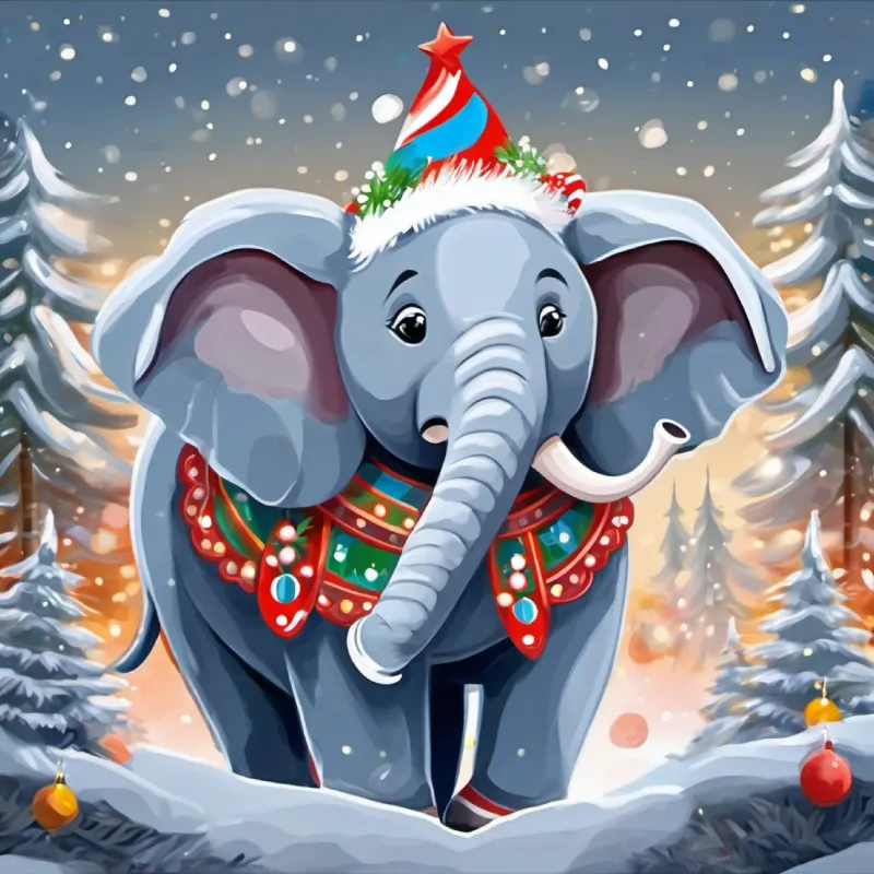 Elefante grande, piel gris, ojos brillantes y alegres bailando mientras las aves observan.