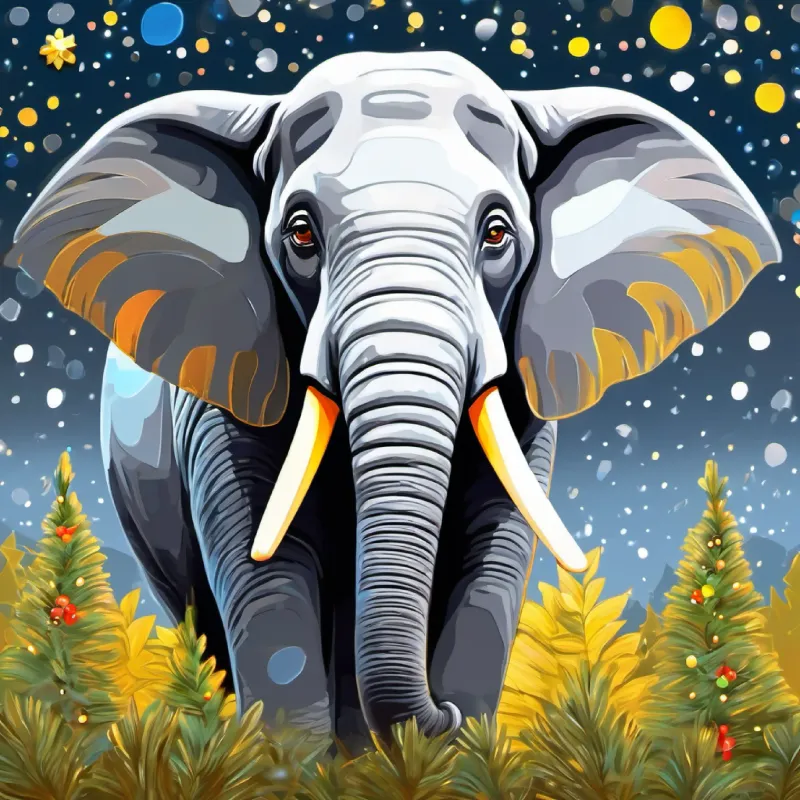 Elefante grande, piel gris, ojos brillantes y alegres reflexionando sobre comer con mesura.