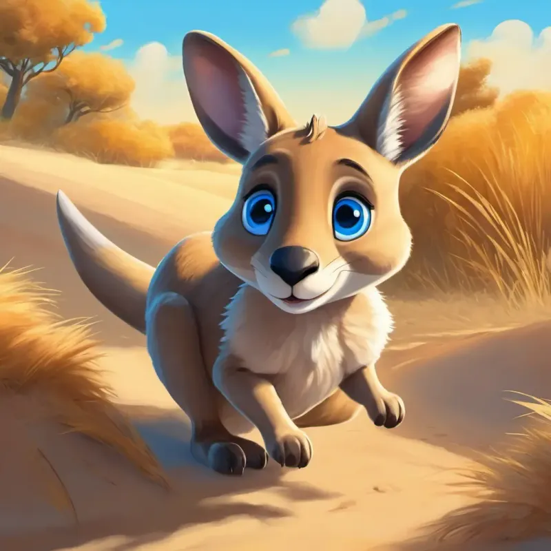 Sandy fur, bright eyes, bouncy bounce, cheerful and caring, a kangaroo with bright sandy fur and a bouncy bounce, under a bright blue sky