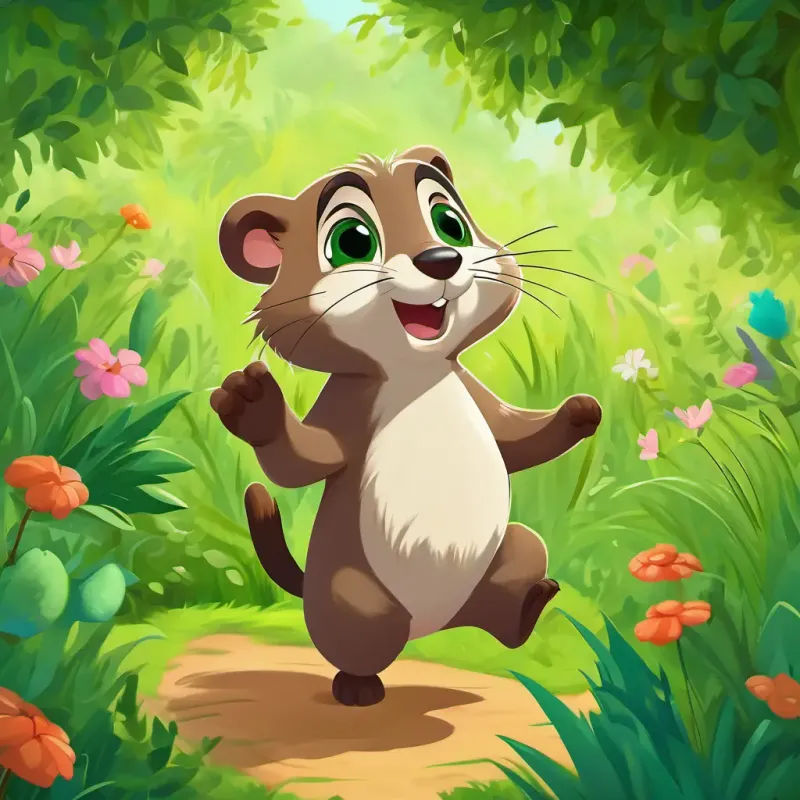 Sandy fur, bright eyes, bouncy bounce, cheerful and caring and the grumpy gopher searching for the green lost glove in a lush green garden