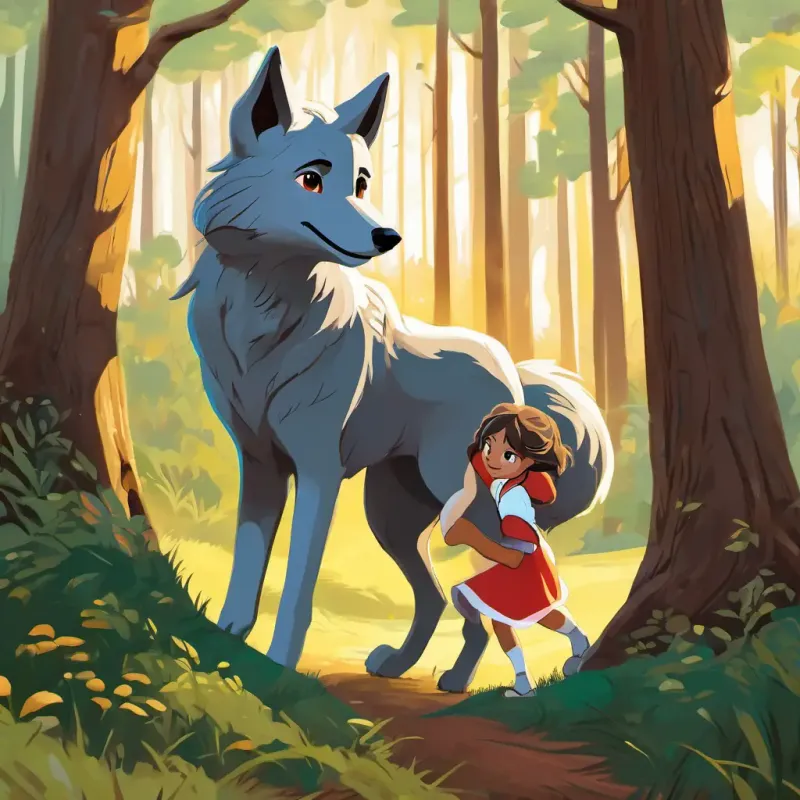 Sandy fur, bright eyes, bouncy bounce, cheerful and caring helping the weeping wolf untangle her tail in the wavy woods