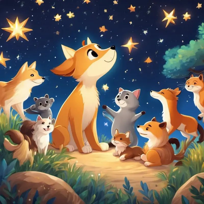 Sandy fur, bright eyes, bouncy bounce, cheerful and caring surrounded by happy animals singing and dancing under the twinkling stars