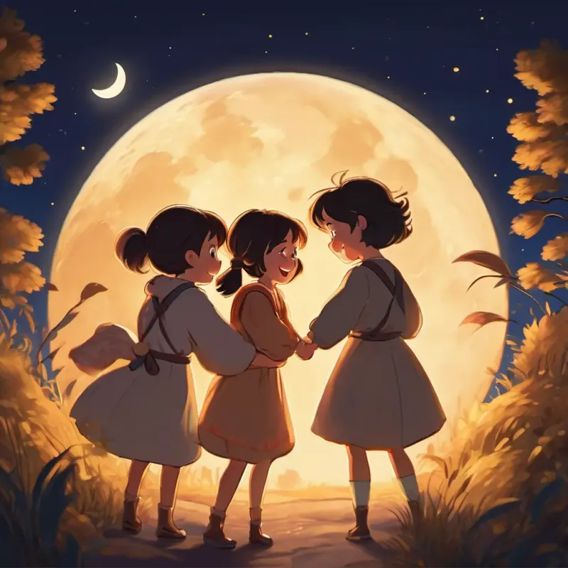 Sandy fur, bright eyes, bouncy bounce, cheerful and caring and her friends hugging and laughing together in the lovely moonlight