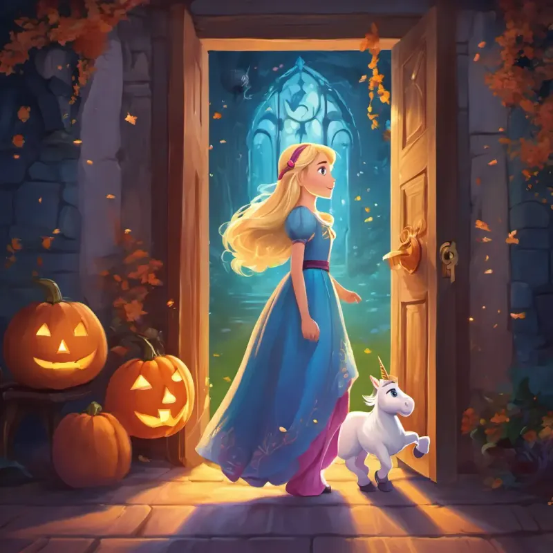 Blonde hair, blue eyes, fair skin princess who loves to dance finds a secret door in her room that leads to a magical world, where she meets a magical unicorn.