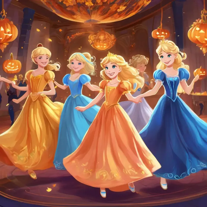 Blonde hair, blue eyes, fair skin princess who loves to dance and her sisters are reunited in the enchanted kingdom and dance happily in the grand ballroom.