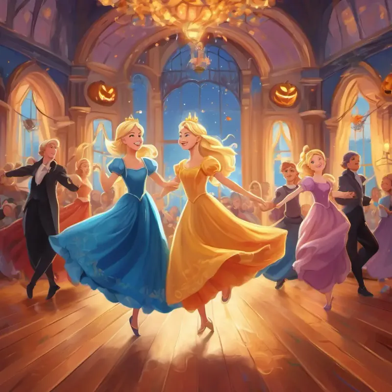 Blonde hair, blue eyes, fair skin princess who loves to dance and her sisters live happily ever after, dancing in their magical ballroom.
