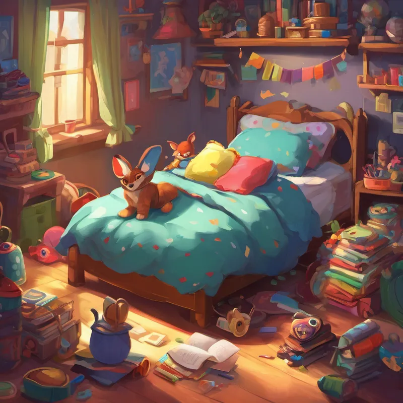 One night, as Juju peacefully slept in her messy room, something extraordinary happened. The pile of clothes and toys, tired of being ignored and unloved, came to life and formed into a creature. It was a mischievous, yet adorable, creature named Muddle. Muddle had big, curious eyes and a mischievous smile that could brighten up any room. However, Muddle loved to have fun in the mess. He would spill dolls from their tiny tea parties, chew up Juju's homework, and even play hide-and-seek with her favorite toys. Each night that Juju neglected her room, Muddle would come back to cause more mischief.