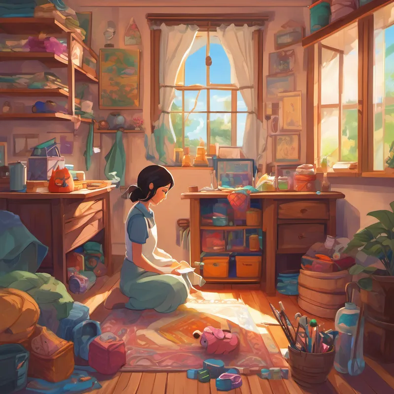 With unwavering determination, Juju rolled up her sleeves and began to clean her room. She gathered all her clothes, folded them neatly, and put them away in her drawers. She organized her toys, placing each one in their rightful spot. She dusted and swept, making everything shine brightly once more. As Juju admired her sparkling clean room, something magical happened - Muddle slowly faded away, leaving only a wistful smile behind. Juju knew that her effort in reclaiming her space had finally made Muddle disappear.