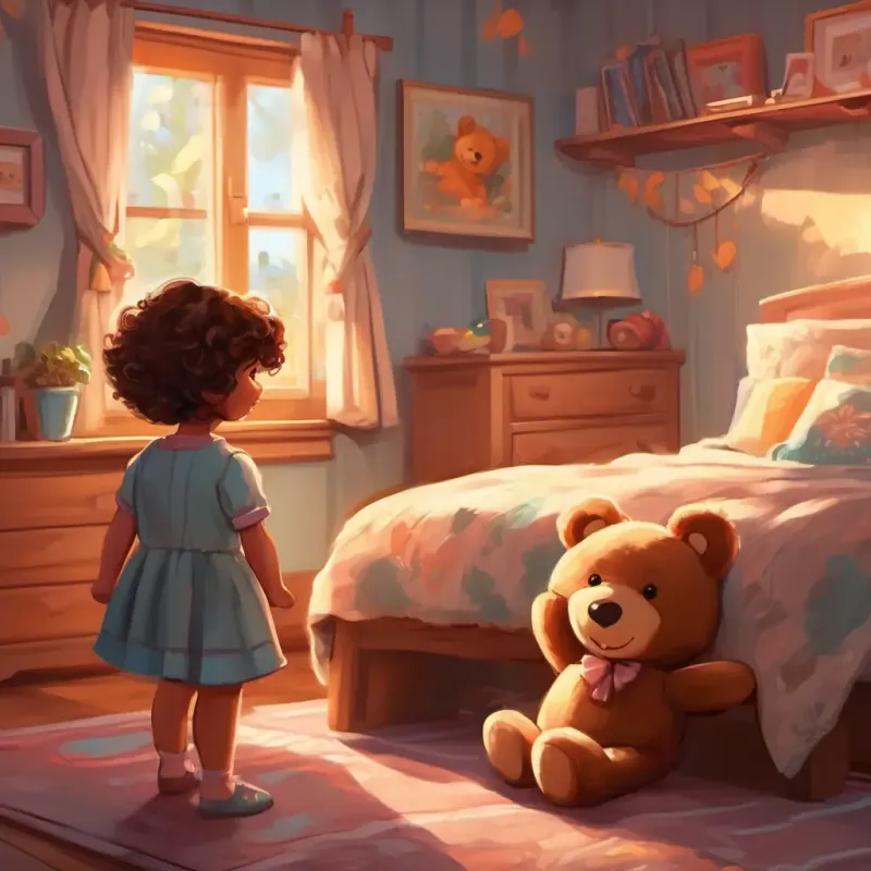 Small girl, brown eyes, curly brown hair, joyful in her bedroom with her teddy bear.