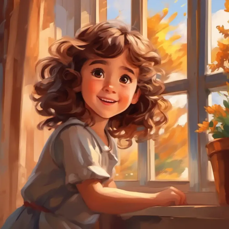Windy scene outside, Small girl, brown eyes, curly brown hair, joyful near the window.
