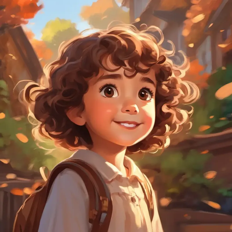 Small girl, brown eyes, curly brown hair, joyful no longer scared, wind friendly.