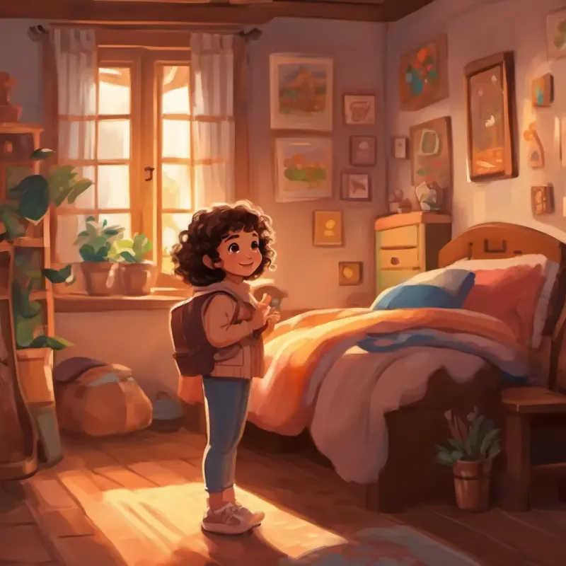 Small girl, brown eyes, curly brown hair, joyful happy, room still cozy and warm.