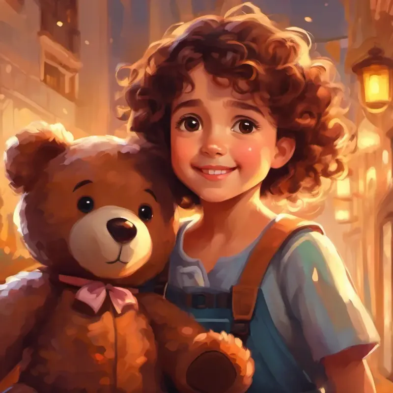 Small girl, brown eyes, curly brown hair, joyful hugging teddy, looking scared.