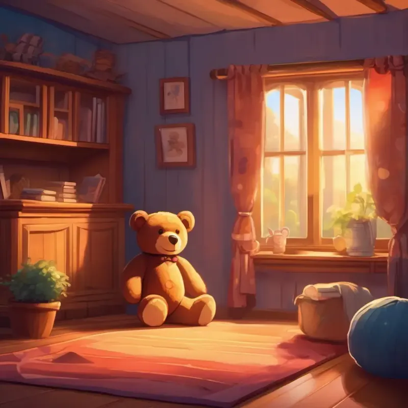 Room illuminated, teddy bear seems to smile.