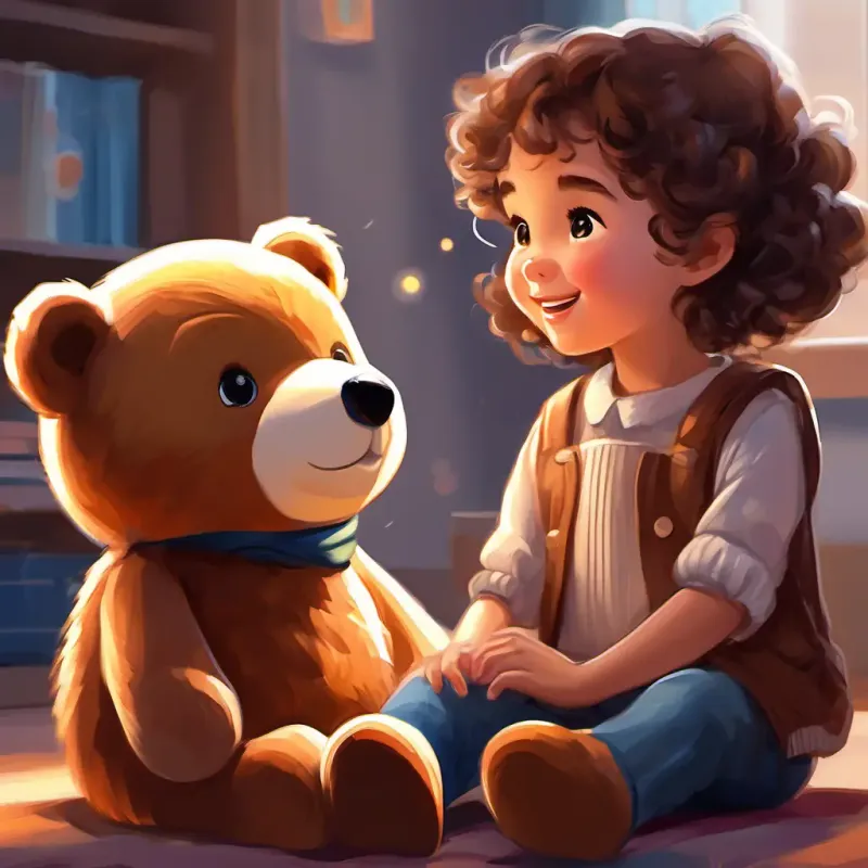 Small girl, brown eyes, curly brown hair, joyful talking to Plush teddy bear, big smile, brown fur, comforting with wonder.