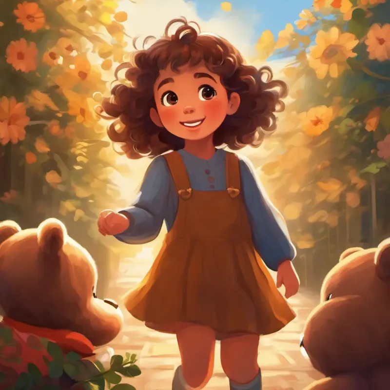 Small girl, brown eyes, curly brown hair, joyful expresses her fear to the teddy bear.