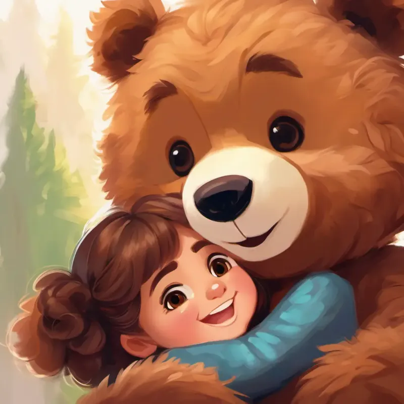 Plush teddy bear, big smile, brown fur, comforting comforting Small girl, brown eyes, curly brown hair, joyful, gentle expression.