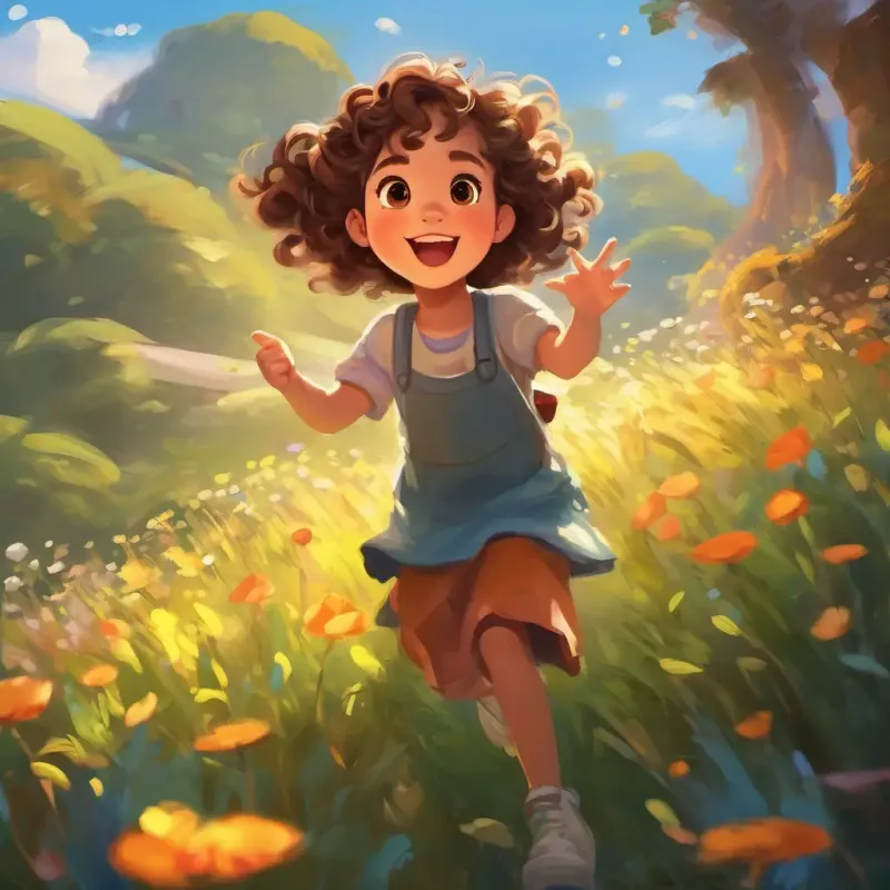 Small girl, brown eyes, curly brown hair, joyful plays imagining game, feels better.
