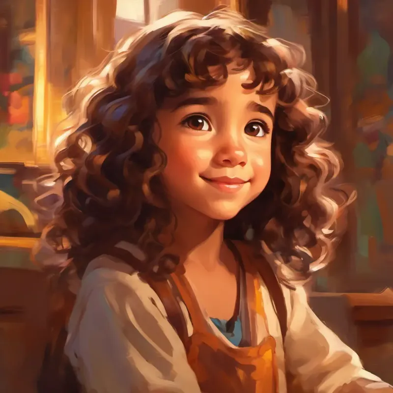 Small girl, brown eyes, curly brown hair, joyful thinks about loved ones.