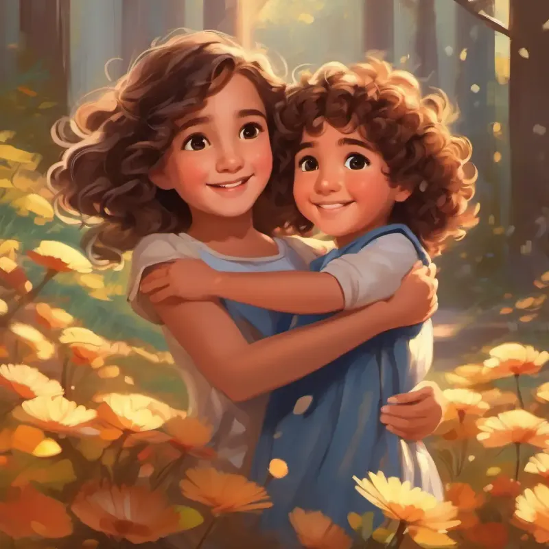 Small girl, brown eyes, curly brown hair, joyful visualizing her family's hugs.