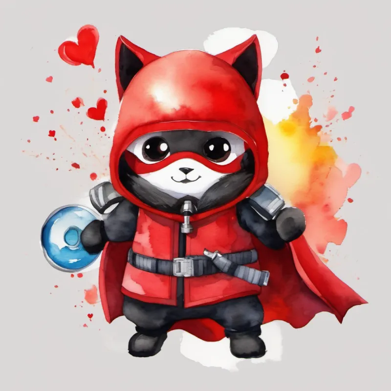 Introducing Energetic, bold, with a red cape and vibrant heart-shaped badge, Bright red, round, always carrying an oxygen tank backpack and White with alert eyes, resembling a ninja, geared for protection at heart center.