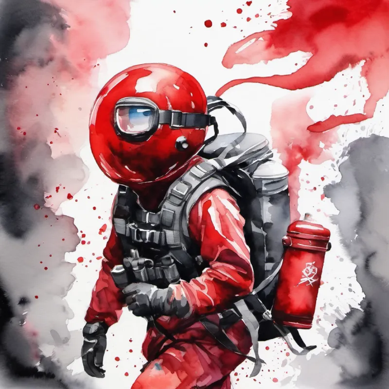 Bright red, round, always carrying an oxygen tank backpack delivers oxygen, White with alert eyes, resembling a ninja, geared for protection looks for danger.