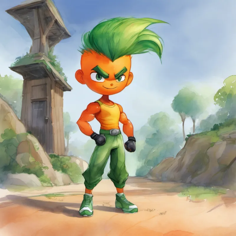 Meeting An orange, crunchy-looking character with healthy green hair and A strong-looking character with bulging ‘muscles’ and a confident stance.