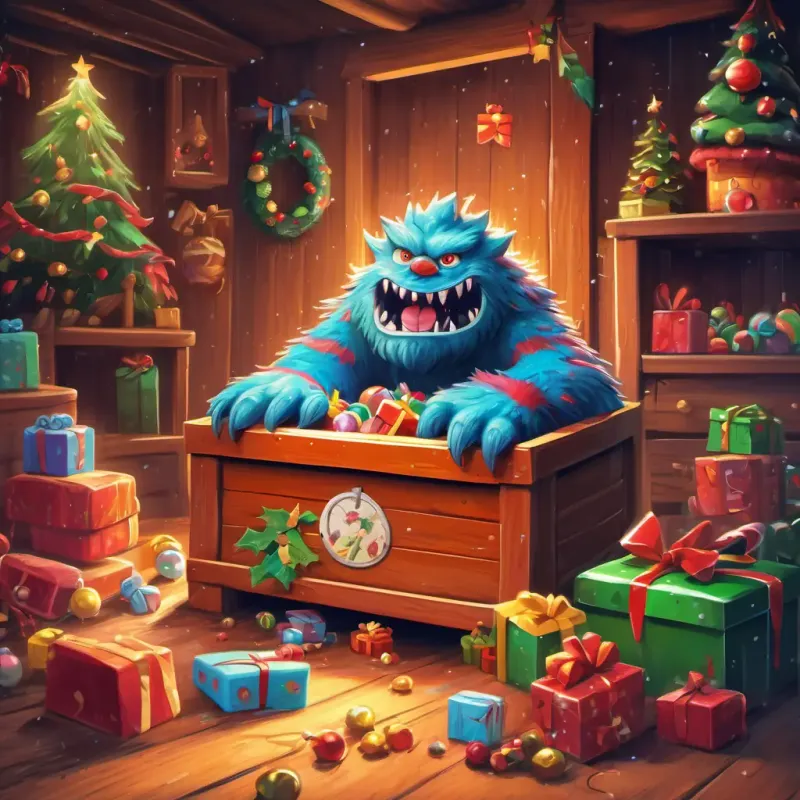 The monster enters the toy chest and creates a mess.